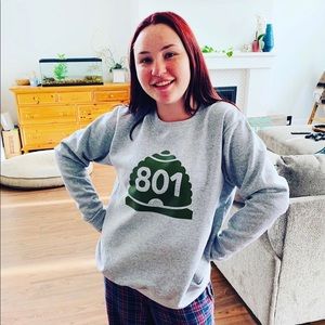 Grey sweatshirt with Utah beehive and area code